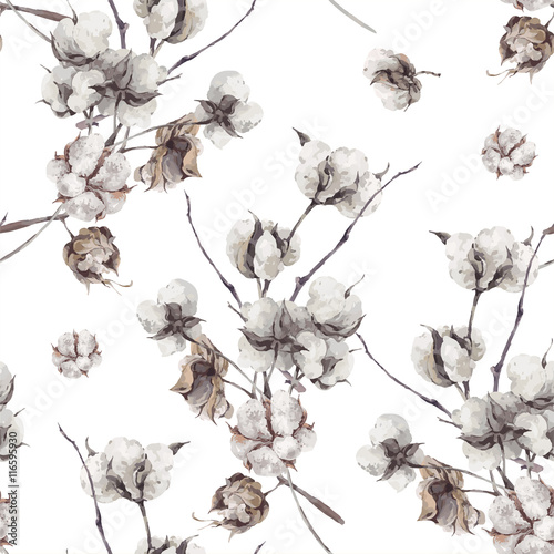 Seamless pattern with twigs and cotton flowers.
