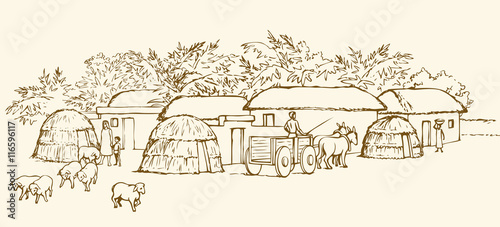 Prehistoric settlement. Vector engraving