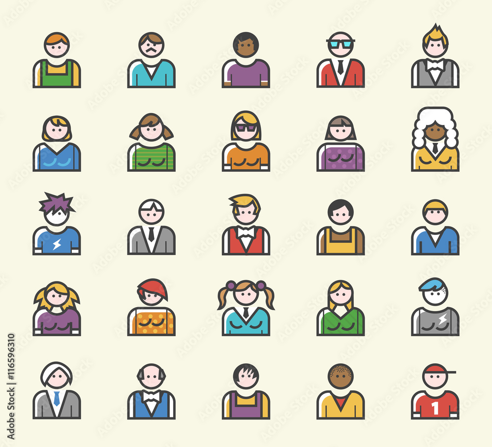 Set of 25 Minimal Solid Line Colored People Icons. Isolated Vector Elements. Set of 25 Minimal Solid Line Colored People Icons. Isolated Vector Elements.