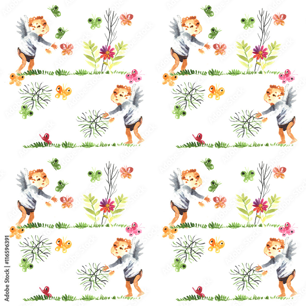 Fototapeta premium angels, butterfly, flowers, watercolor