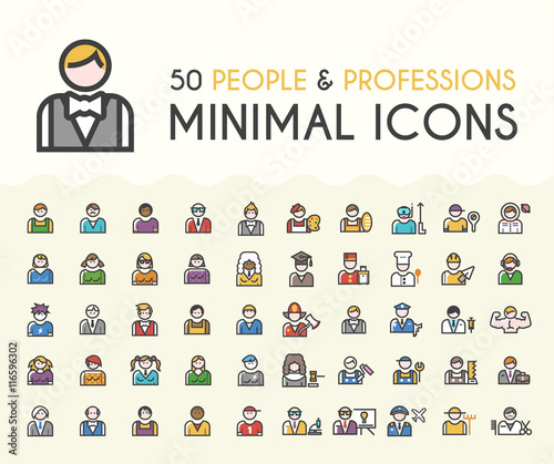Set of 50 Minimalistic Solid Line Coloured People and Professions Icons. Isolated Vector Elements.