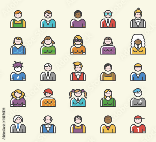 Set of 25 Minimal Solid Line Colored People Icons. Isolated Vector Elements.