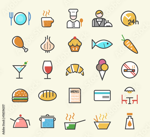 Set of 25 Minimalistic Solid Line Coloured Restaurant Icons. Isolated Vector Elements.