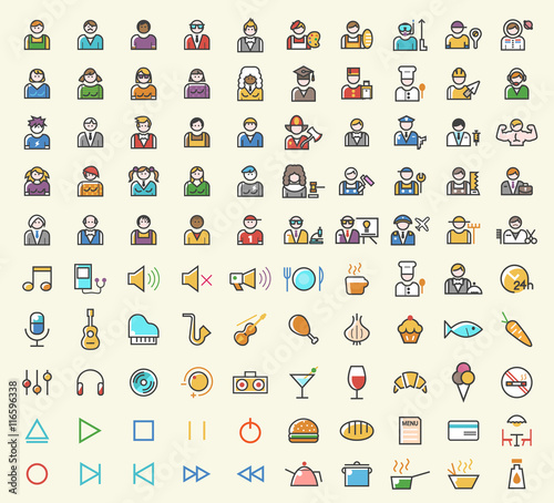 Set of 100 Minimalistic Solid Line Colored People, Professions, Music and Restaurant Icons. Isolated Vector Elements.