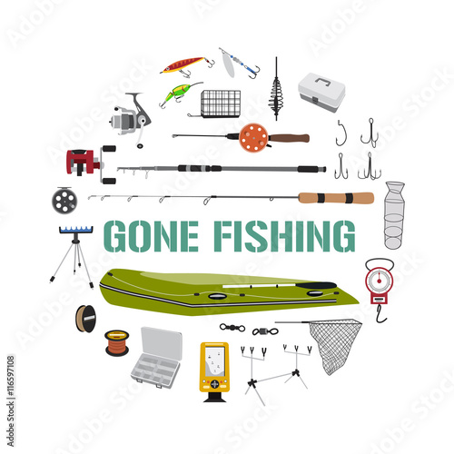 Gone fishing tackle icons round design concept