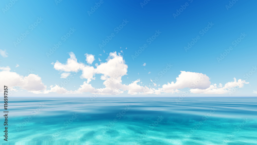 Tropical sea sky clouds blue 3D rendering