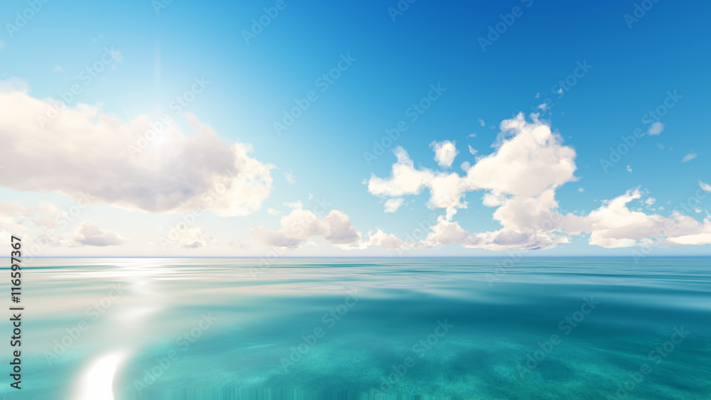 Tropical sea sky clouds blue 3D rendering