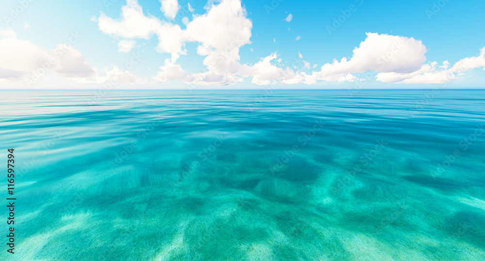 Tropical sea sky clouds blue 3D rendering