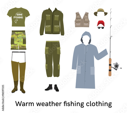 Warm weather fishing clothes flat vector set