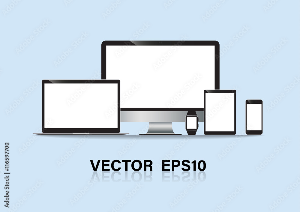 set of computer monitor, laptop, tablet, mobile phones smart phone. Electronic gadget isolated vector illustration set of computer monitor, laptop, tablet, mobile phones smart phone. Electronic gadget isolated vector illustration