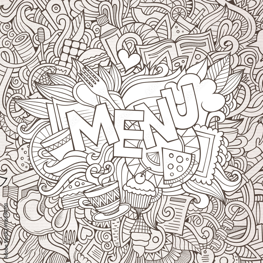 Menu cartoon hand lettering and doodles elements background