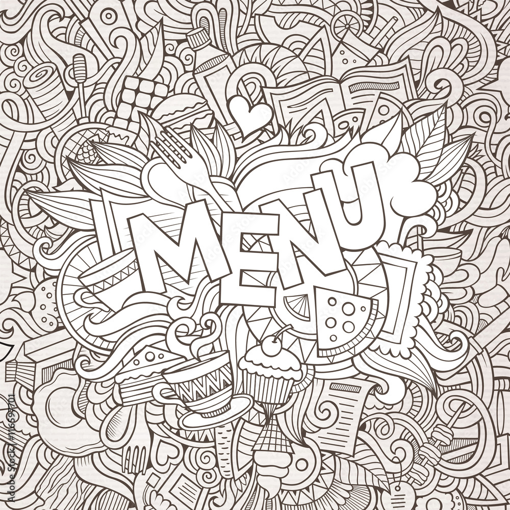 Obraz premium Menu cartoon hand lettering and doodles elements background