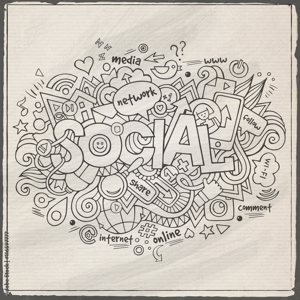Social hand lettering and doodles elements background