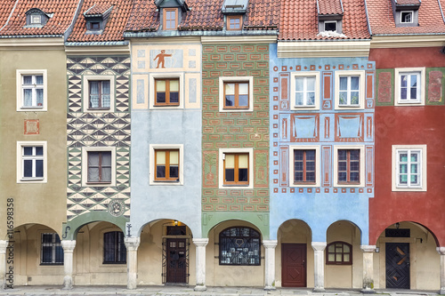 Colorful facade of houses on Poznan Old Market Square, Poland.