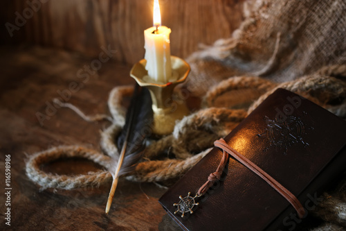 retro book candle and feather