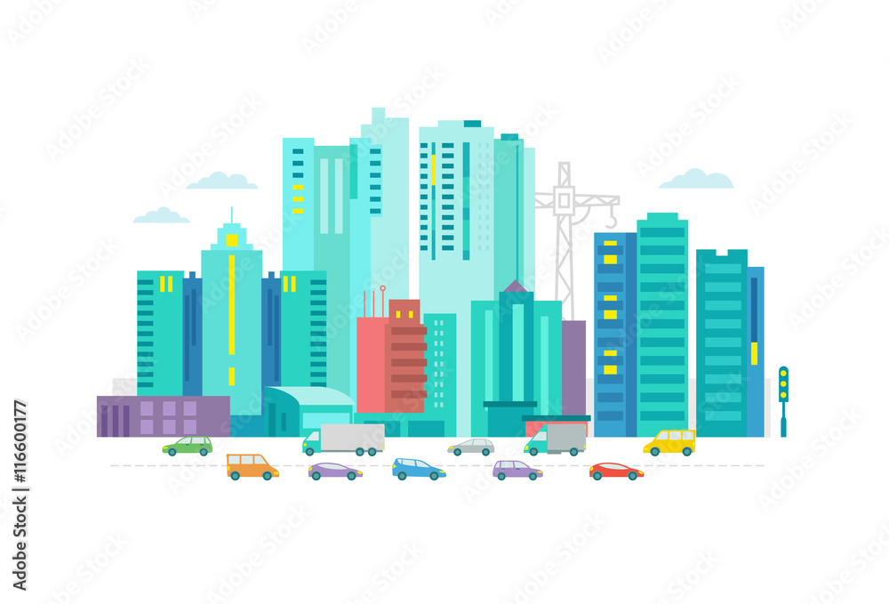 Cars in the city. Metropolis street on white background