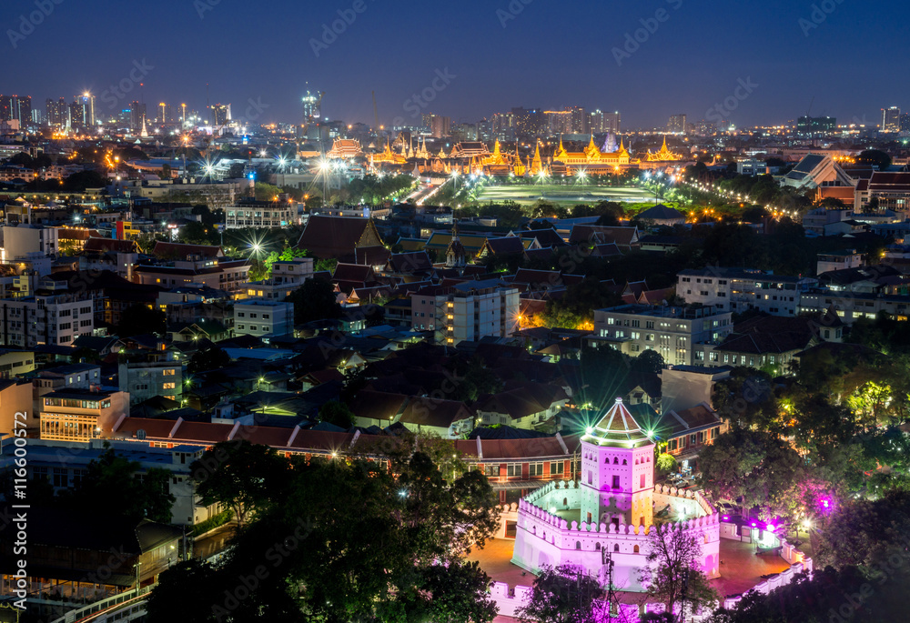 Phra Sumen Fort (in the bottom of the right hand side of the picture) with Bangkok cityscape at night.
