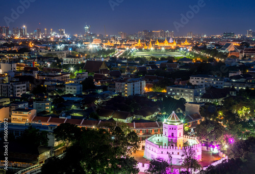 Phra Sumen Fort (in the bottom of the right hand side of the picture) with Bangkok cityscape at night. © boyloso