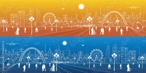 Amazing infrastructure and transport panorama. Train move, railway station, town square, people walk, night city skyline, arch bridge, airplane fly, vector design art