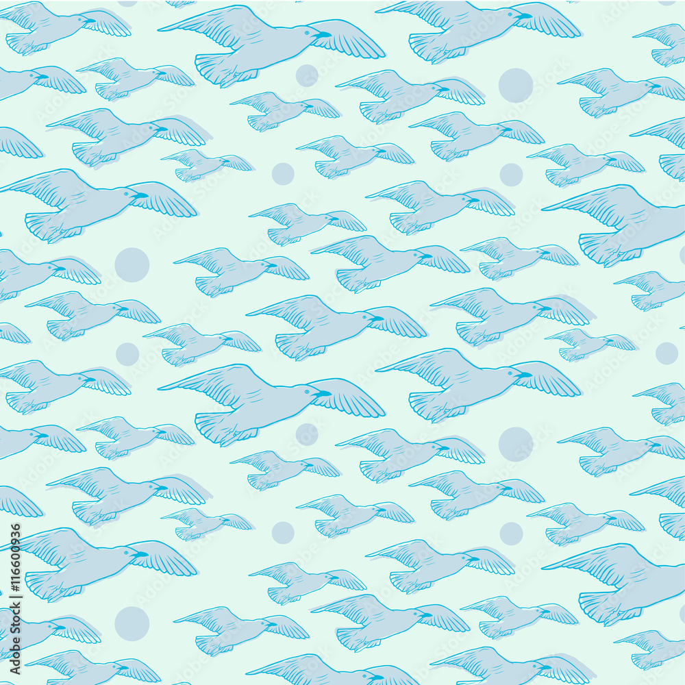 Blue vector pattern with seagulls. Birds background