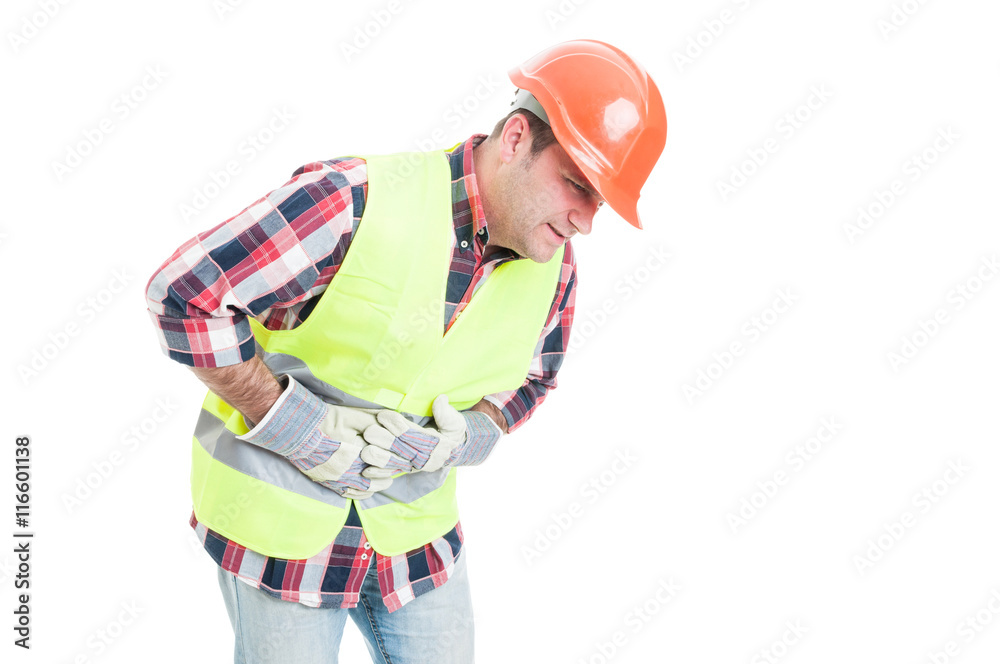 Health problem concept with builder having tummy pain Health problem concept with builder having tummy pain
