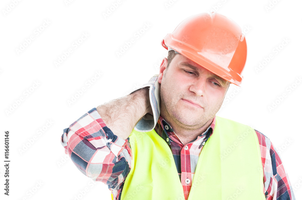Construction worker looking tired or tense Construction worker looking tired or tense