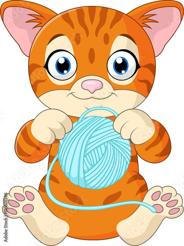 Cute cat cartoon playing with ball of yarn