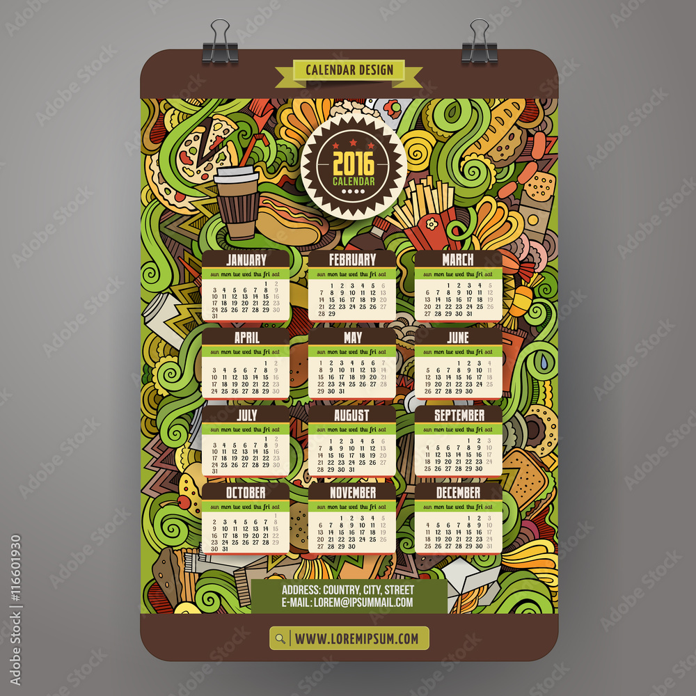 Doodles cartoon Fast food Calendar 2016 year design