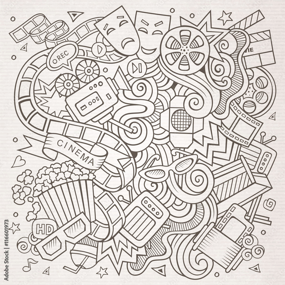 Cartoon vector hand-drawn Cinema Doodle. Sketchy design Cartoon vector hand-drawn Cinema Doodle. Sketchy design