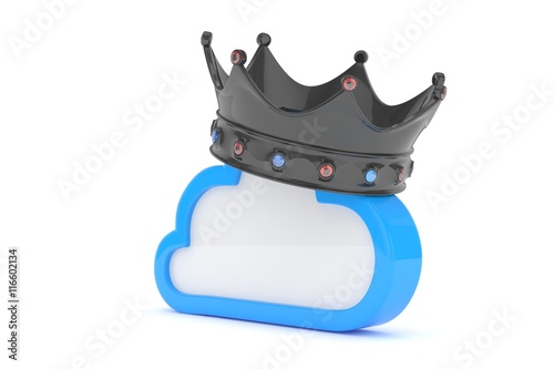 Cloud with black crown on white background. Model of best network, database, cloud storage. Royal technology. 3D rendering.