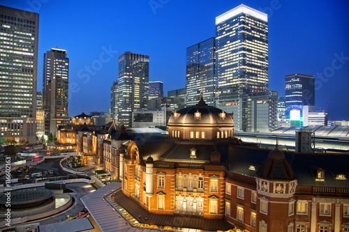 Tokyo train station at night. The station was constructed over 100 years ago in the Marunouchi district. 