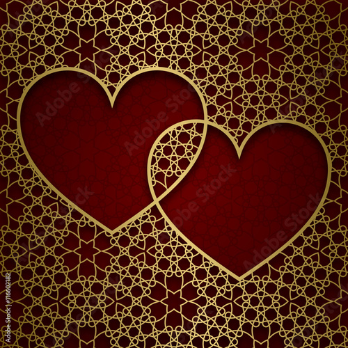 Traditional ornamental background with frame of two hearts