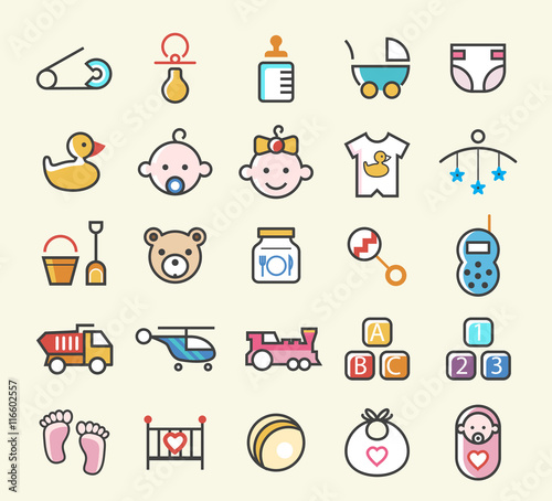Set of 25 Minimal Solid Colored Baby Icons. Isolated Vector Elements.
