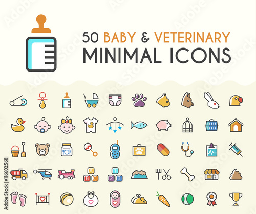 Set of 50 Minimalistic Solid Colored Baby and Veterinary Icons. Isolated Vector Elements.
