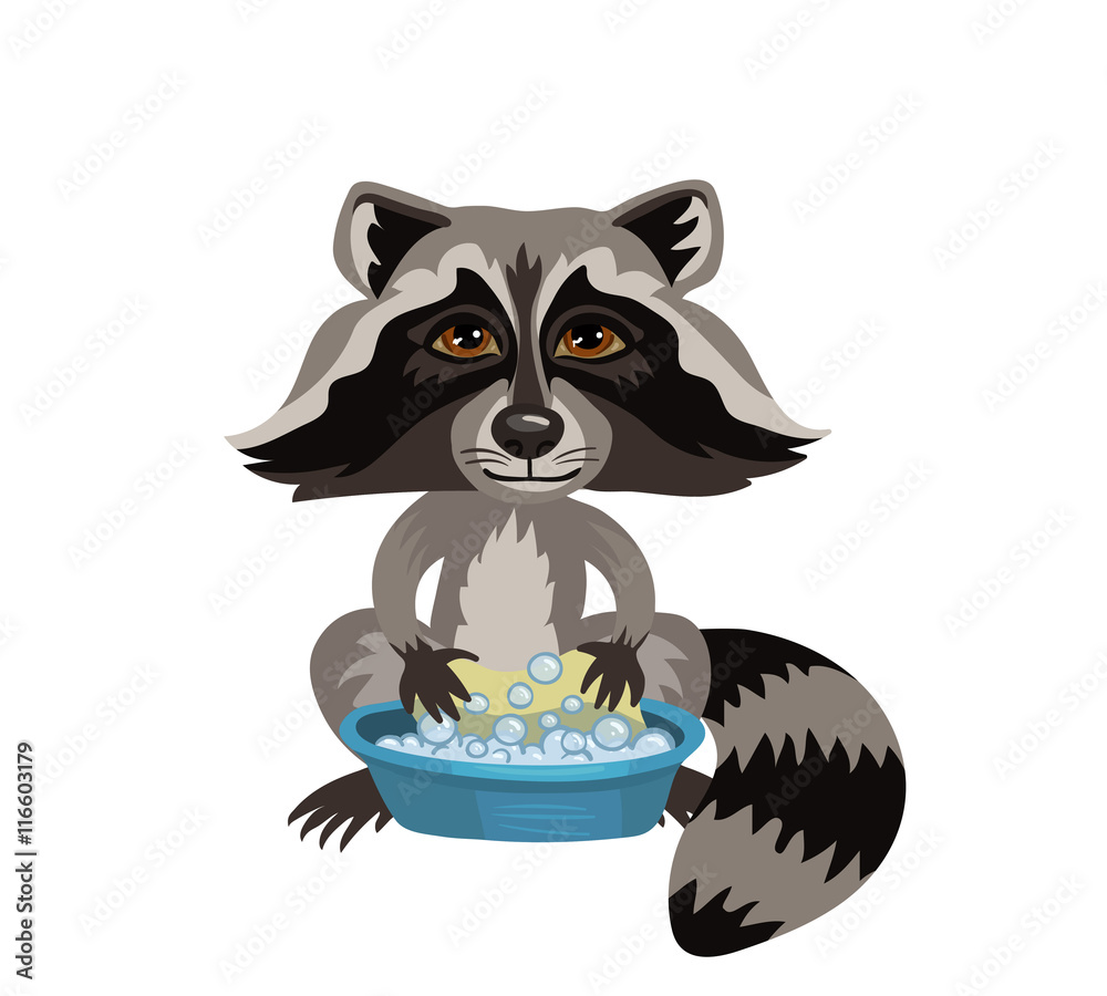 Vector funny raccoon washing linen Vector funny raccoon washing linen