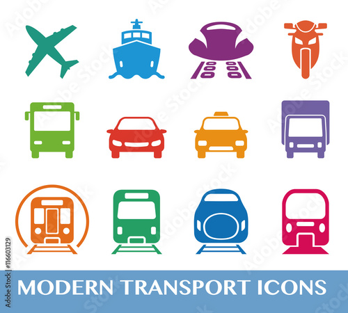 various transportation icon set, including cars, trains, subway, monorail, linear motor car, airplane, ship, motorcycle