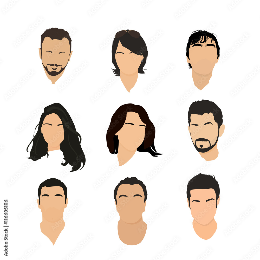 Bundle of male and female characters or avatars and with different hairstyles isolated on white background. Set of men and women. Vector illustration in flat style Bundle of male and female characters or avatars and with different hairstyles isolated on white background. Set of men and women. Vector illustration in flat style