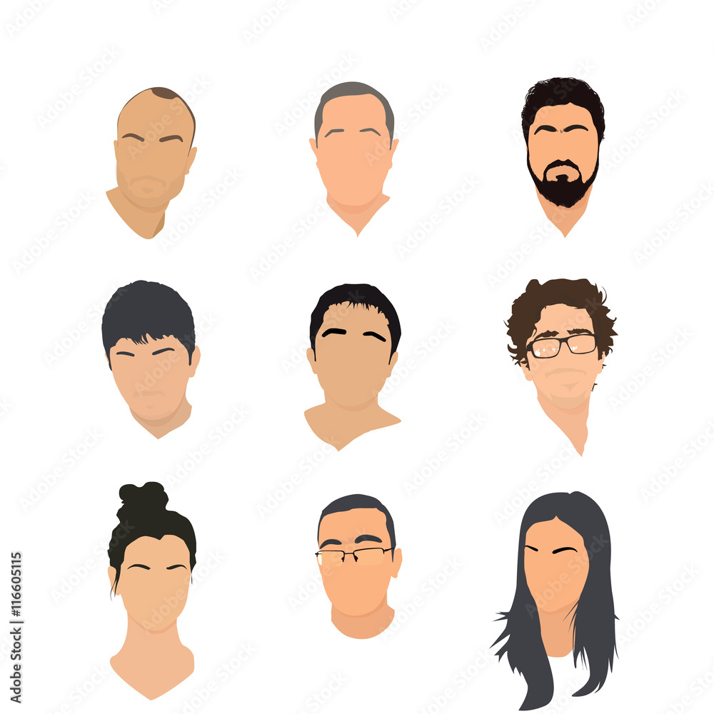 Bundle of male and female characters or avatars and with different hairstyles isolated on white background. Set of men and women. Vector illustration in flat style Bundle of male and female characters or avatars and with different hairstyles isolated on white background. Set of men and women. Vector illustration in flat style