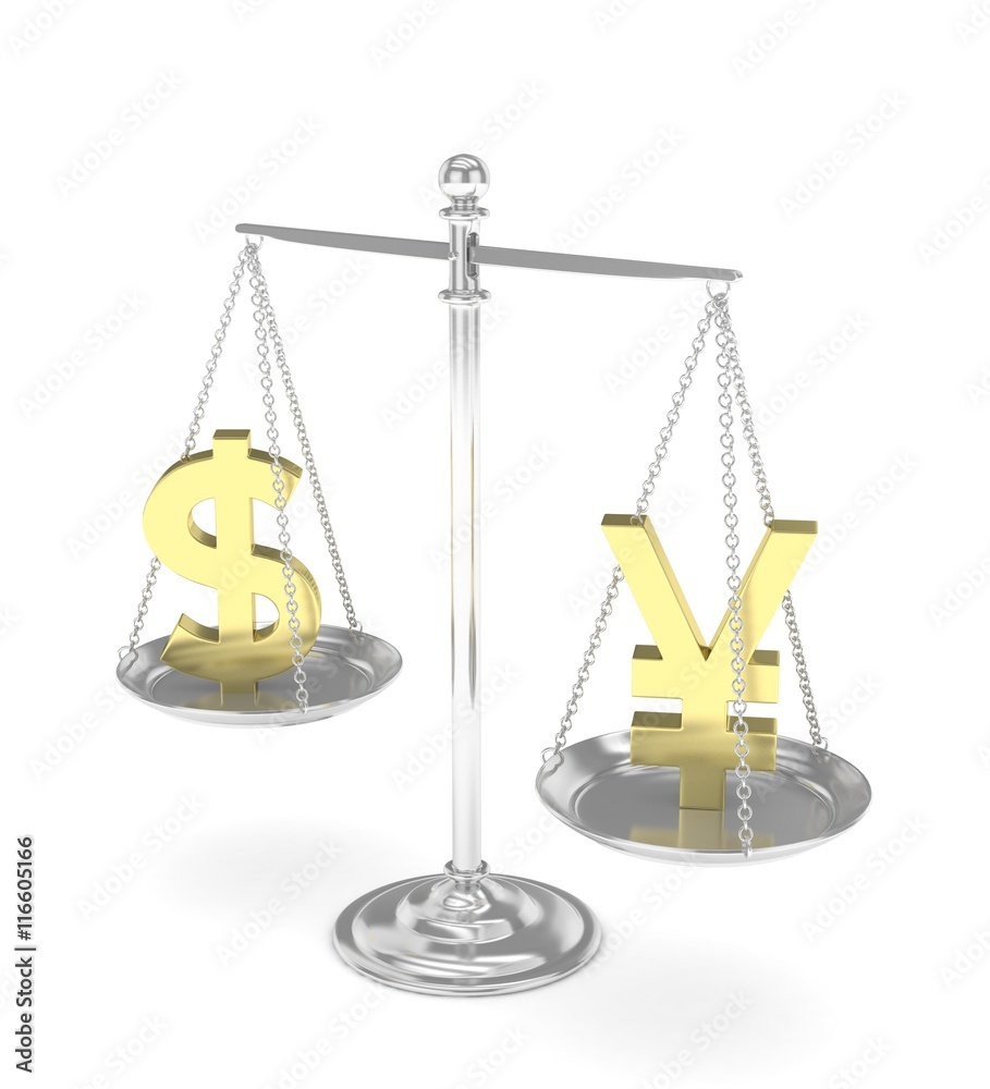 Isolated old fashioned pan scale with dollar and yuan,yen on white background. American and chinese and japanese currency. Currency equality. 3D rendering. Isolated old fashioned pan scale with dollar and yuan,yen on white background. American and chinese and japanese currency. Currency equality. 3D rendering.