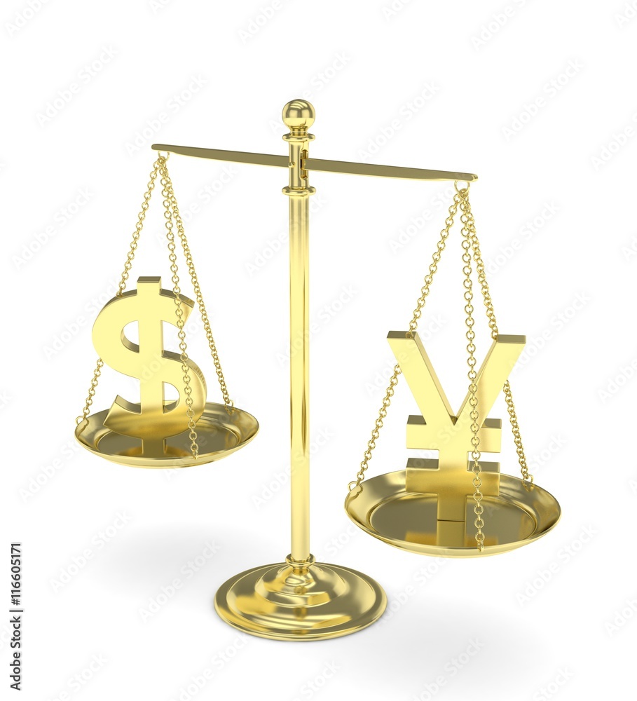 Isolated old fashioned pan scale with dollar and yuan,yen on white background. American and chinese and japanese currency. Currency equality. 3D rendering. Isolated old fashioned pan scale with dollar and yuan,yen on white background. American and chinese and japanese currency. Currency equality. 3D rendering.