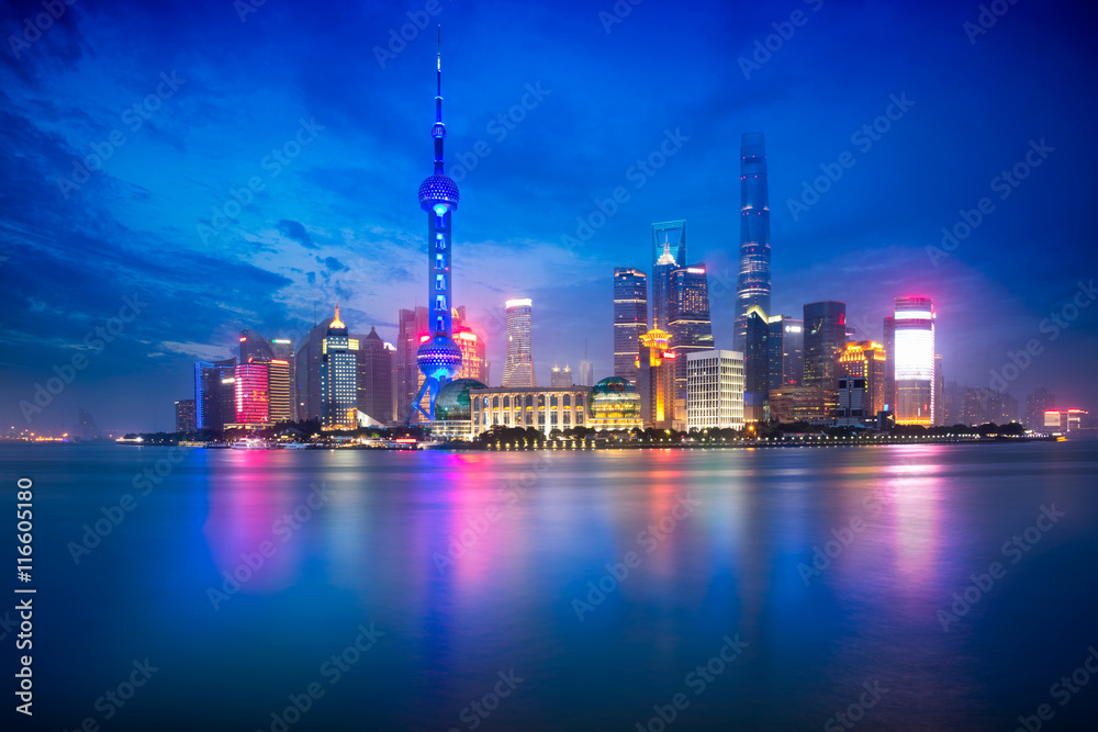 Shanghai city skyline at dusk reflection, Shanghai China