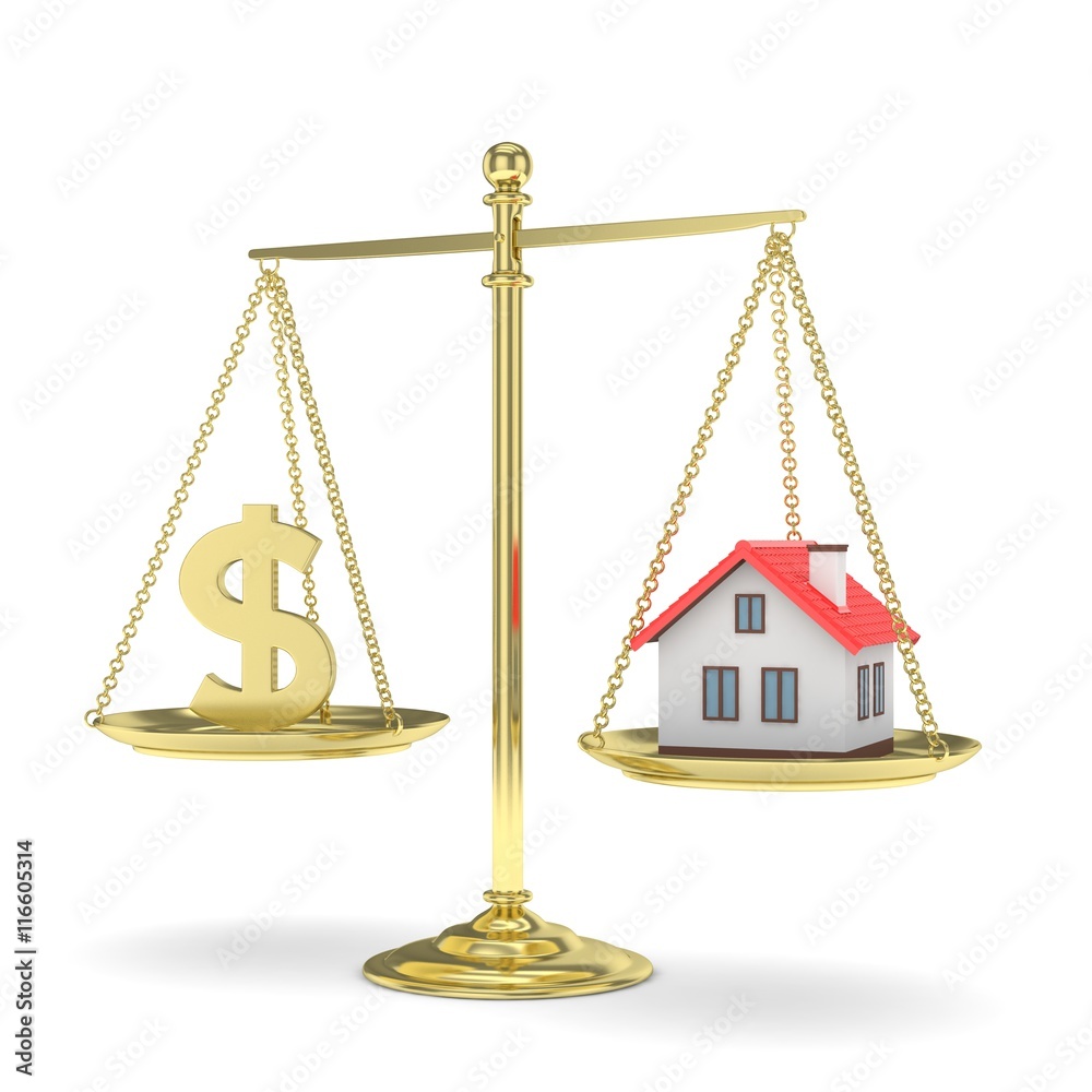 Isolated golden scales with golden dollar and house on white background. Investment or savings concept. Real estate and currency. 3D rendering. Isolated golden scales with golden dollar and house on white background. Investment or savings concept. Real estate and currency. 3D rendering.