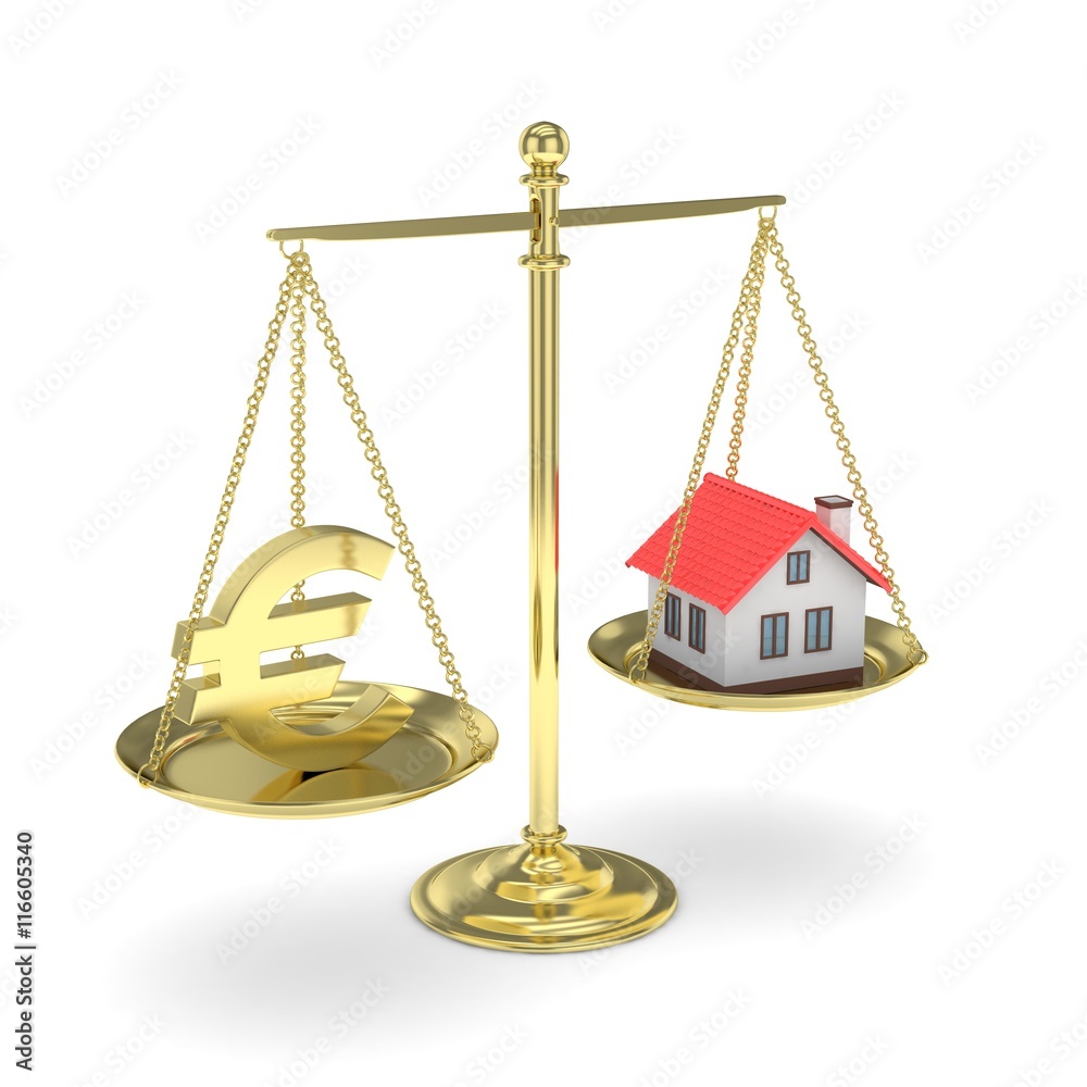 Isolated golden scales with golden euro and house on white background. Investment or savings concept. Real estate and currency. 3D rendering. Isolated golden scales with golden euro and house on white background. Investment or savings concept. Real estate and currency. 3D rendering.