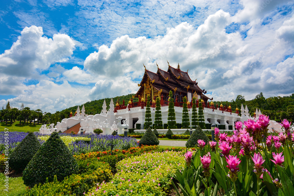 Pink flower gardens by the pavilion at Royal Park Rajapruek in Chiang Mai, Thailand Pink flower gardens by the pavilion at Royal Park Rajapruek in Chiang Mai, Thailand