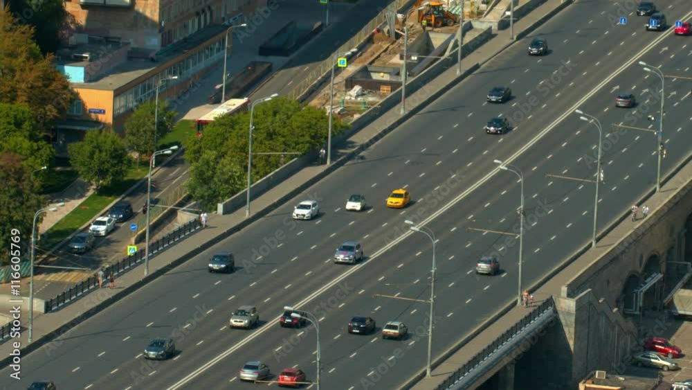 a wide road bridge, go over the bridge cars, top view a wide road bridge, go over the bridge cars, top view