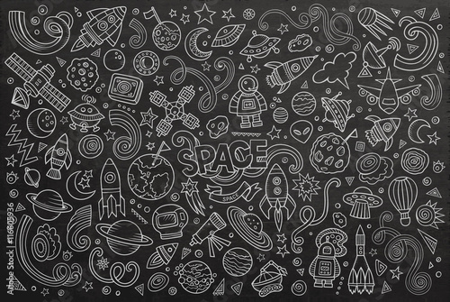 Chalkboard vector hand drawn doodles cartoon set of Space object