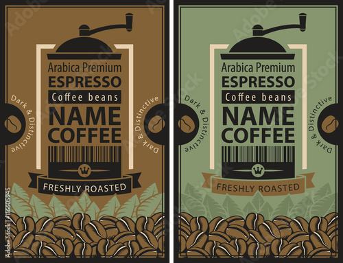 design label for coffee beans with grinder in retro style