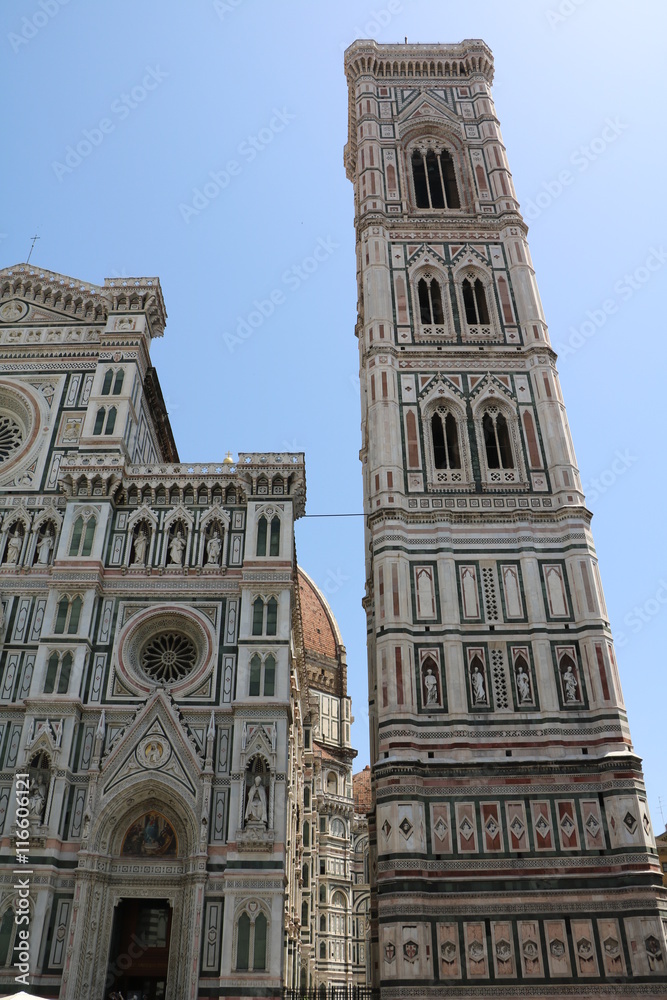 Giottos Campanile and Cathedral Santa Maria at Piazza Duomo in Florence, Tuscany Italy