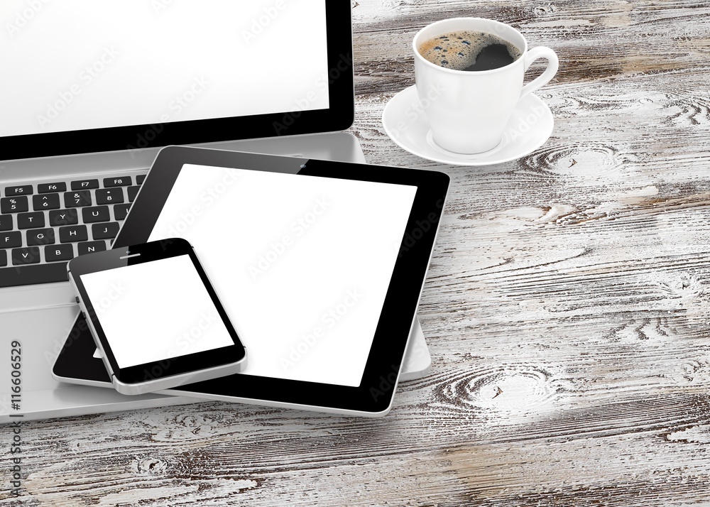 Laptop, phone, tablet pc and coffee. 3d rendering. Laptop, phone, tablet pc and coffee. 3d rendering.