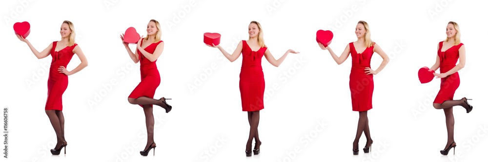 Red dress woman holding gift box isolated on white Red dress woman holding gift box isolated on white